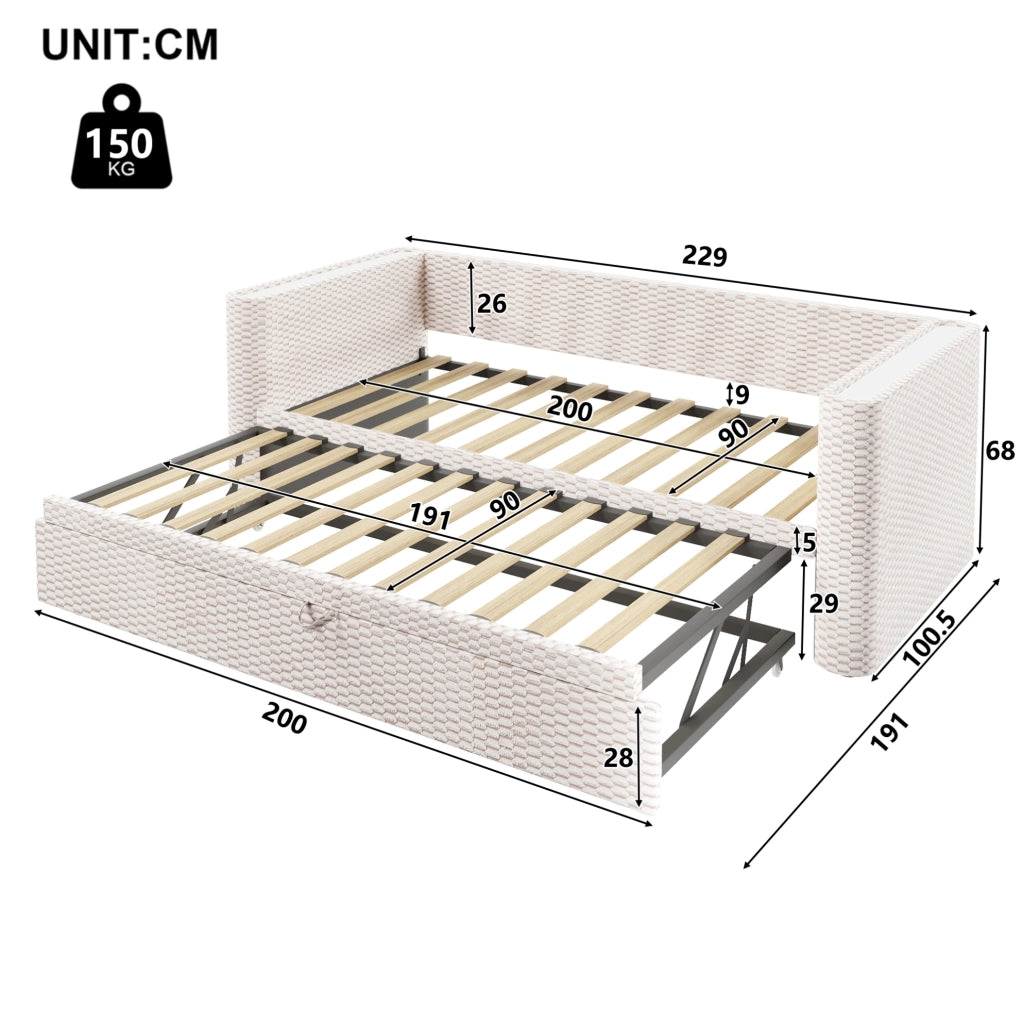 Divano letto 90x200 cm con LED e design estraibile in velluto beige