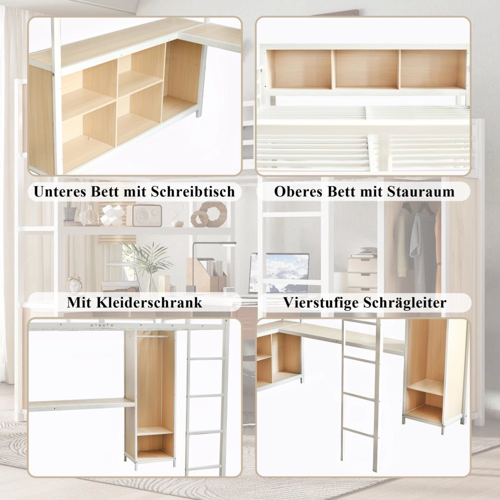 Letto a soppalco 140x200 cm con scrivania e armadio