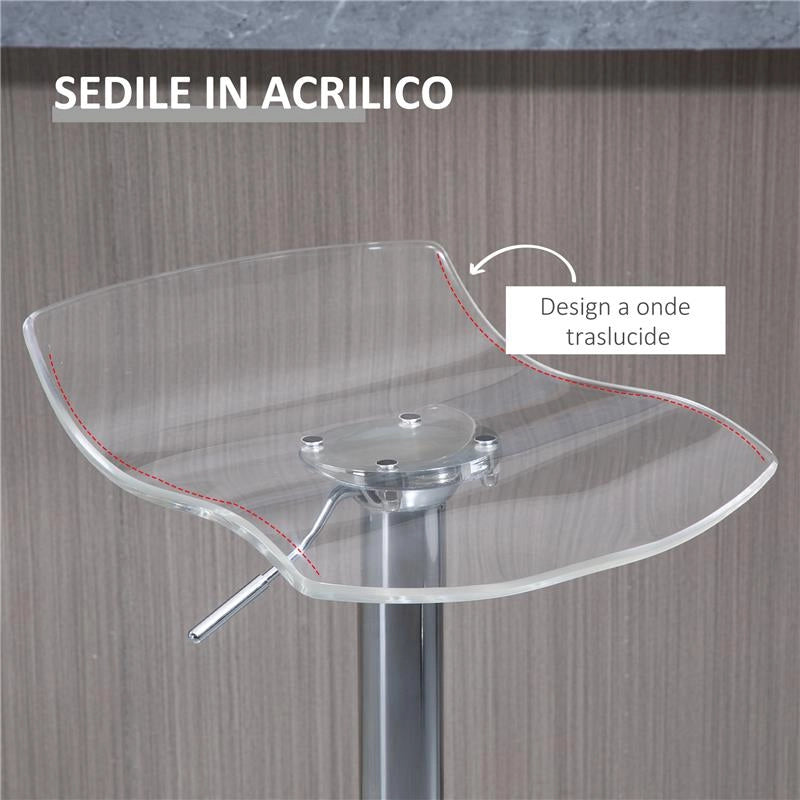 SET 2 SGABELLI DA BAR CON ALTEZZA REGOLABILE SEDUTA GIREVOLE E POGGIAPIEDI METALLO E ACRILICO TRASPARENTE