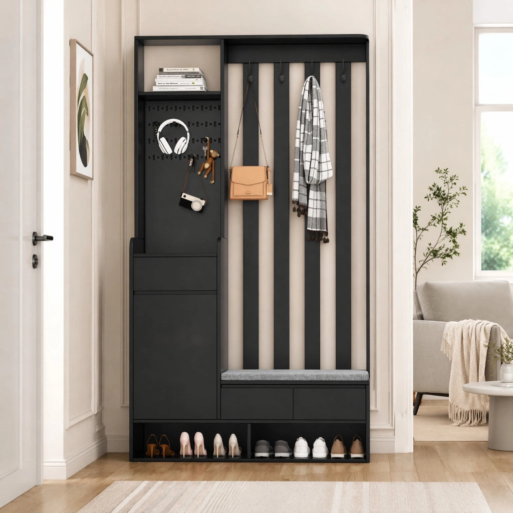 Guardaroba da ingresso multifunzionale con panca imbottita, pannello forato, 4 ganci e vani contenitore, nero, H180 x L100 x P35 cm