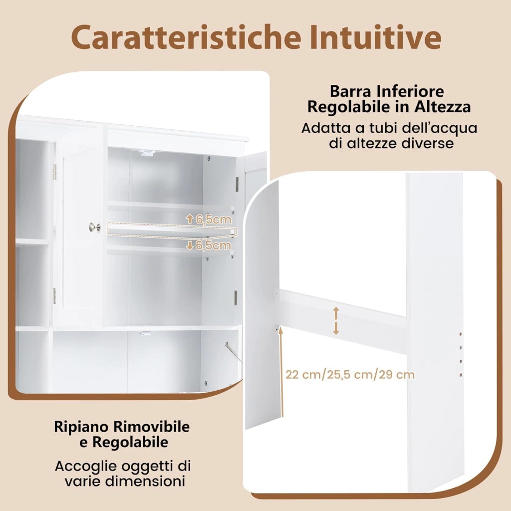 Mobiletto Spora WC 80 x 21 x 165 cm, Scaffale Lavatrice con 2 Ante, Ripiano Regolabile, Barra Inferiore e Porta Carta Igienica, Mobile Portabiancheria per Bagno