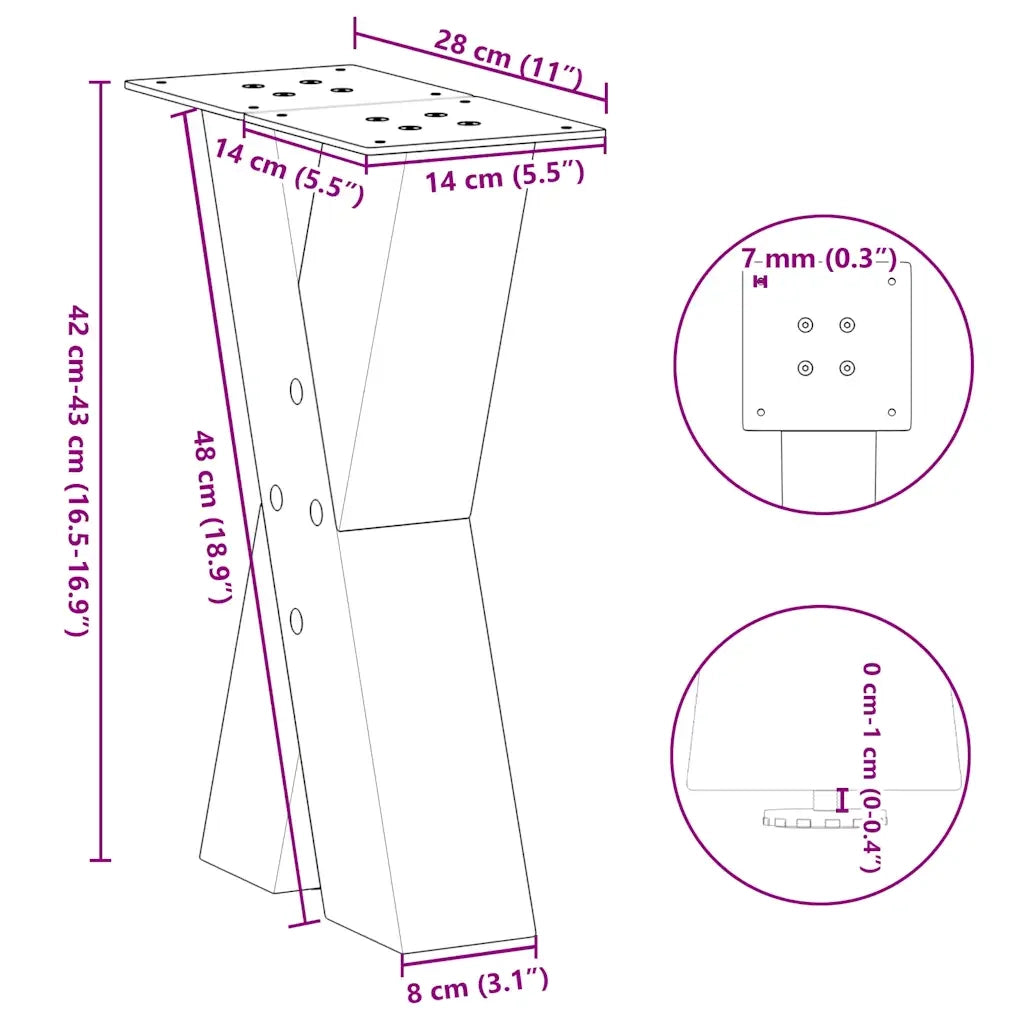 Gambe per Tavolino da CaffÃ¨ a Forma di X 2 pz Nere 28x(42-43) cm Acciaio