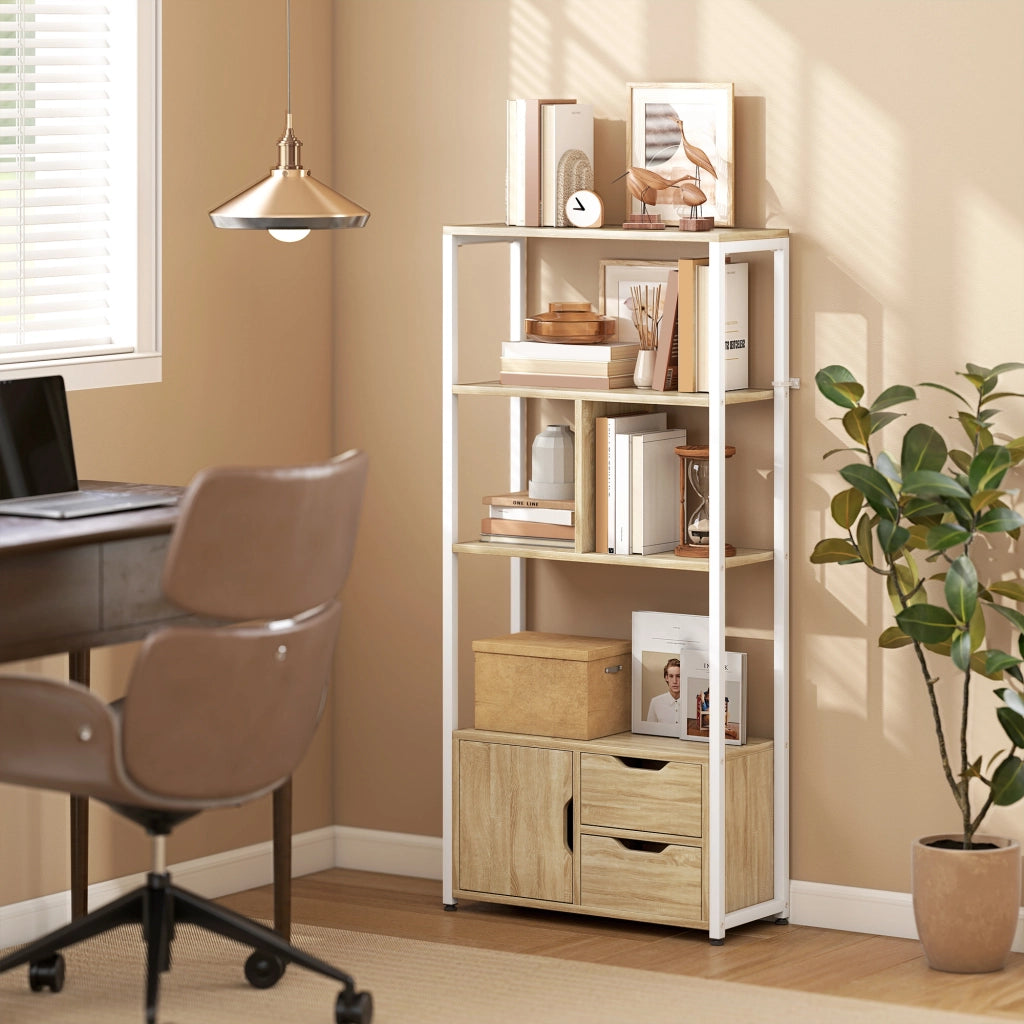 Libreria Scaffale per Libri con Ripiani e Ante ¨C Zephmum ¨C 58x24x122 cm Bianco Legno Naturale Stile Industriale
