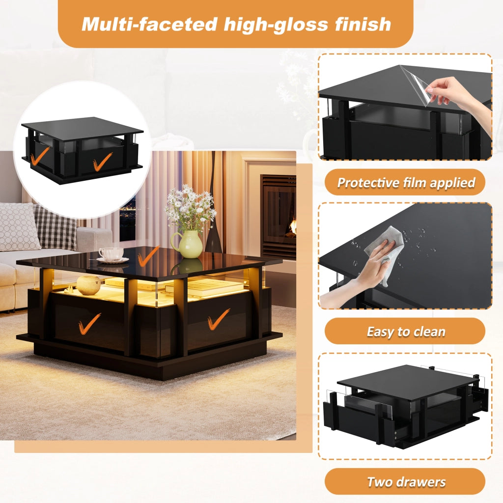 Tavolino da salotto nero lucido 70x70 cm con luci LED e 2 cassetti
