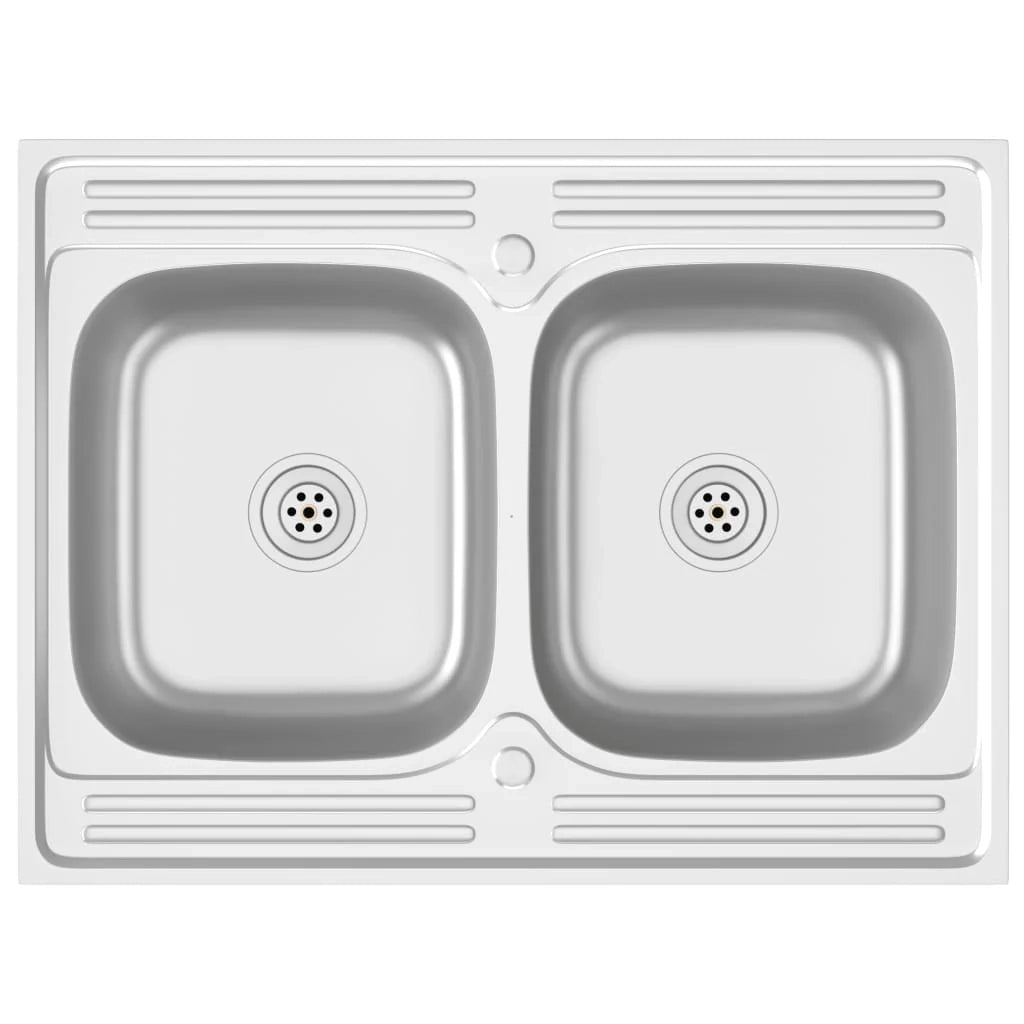 Lavello da cucina a doppia vasca 800x600x155 mm acciaio inox argento 02_0002430