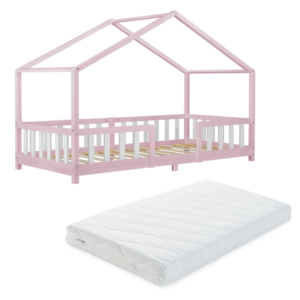 Letto per Cameretta Treviolo a Forma di Casetta in Stile Montessori con Materasso 90x200 cm - Rosa/Bianco [en.casa]