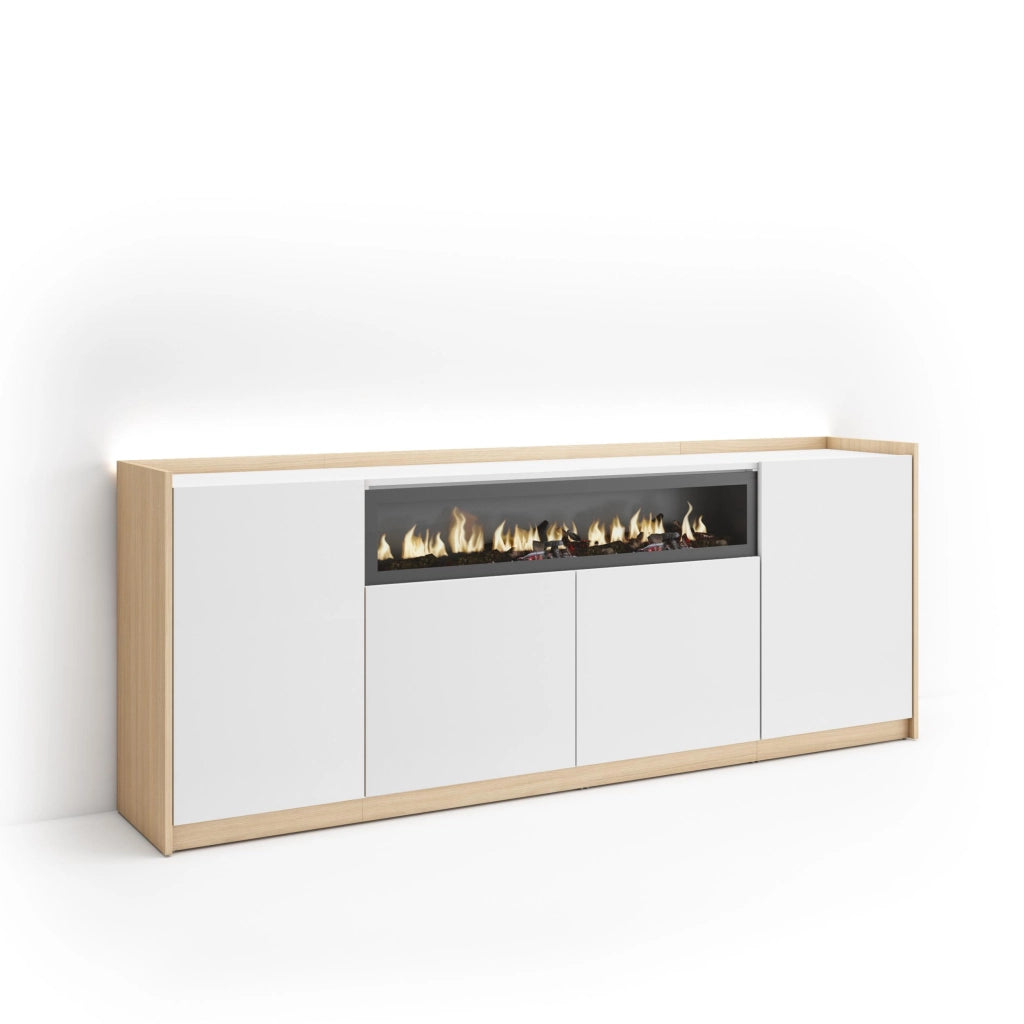 Credenza, Mobile, Cucina, 207x80x37 cm, 4 Porte, Camino elettrico, LED, Bianco e Rovere soft
