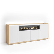 Credenza, Mobile, Cucina, 207x80x37 cm, 4 Porte, Camino elettrico, LED, Bianco e Rovere soft