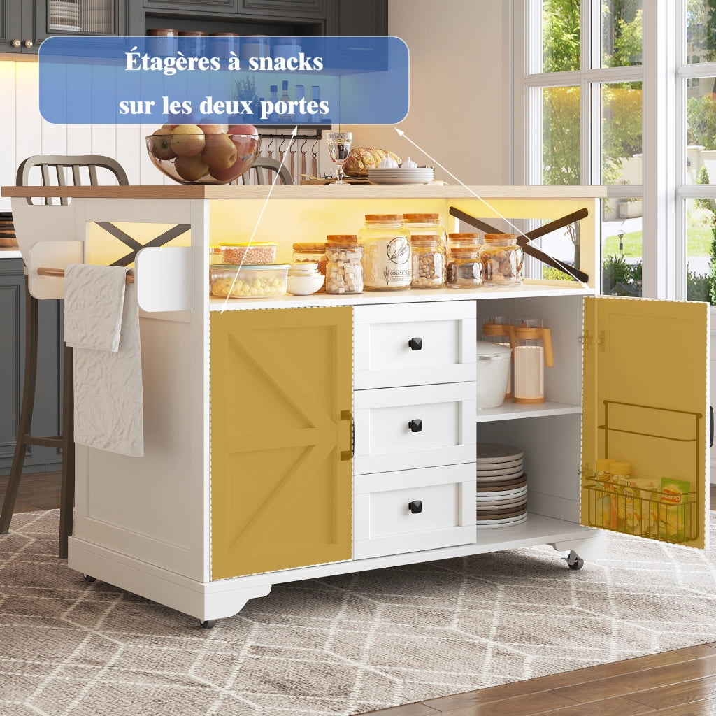 OKWISH Carrello da cucina con piano pieghevole, vani portaoggetti su due lati, luce led e ruote, per cucina e soggiorno, MDF, Bianco