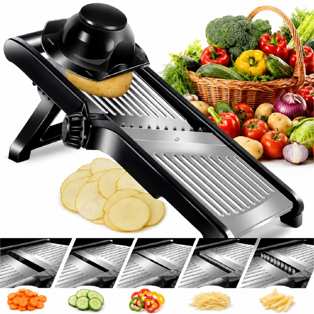 Mandolina Professionale in Acciaio Inox, Affettaverdure Regolabile da 1 a 9 mm con Taglio Julienne, Affettatrice Manuale Pieghevole con Salvamani e Piedini Antiscivolo