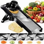 Mandolina Professionale in Acciaio Inox, Affettaverdure Regolabile da 1 a 9 mm con Taglio Julienne, Affettatrice Manuale Pieghevole con Salvamani e Piedini Antiscivolo
