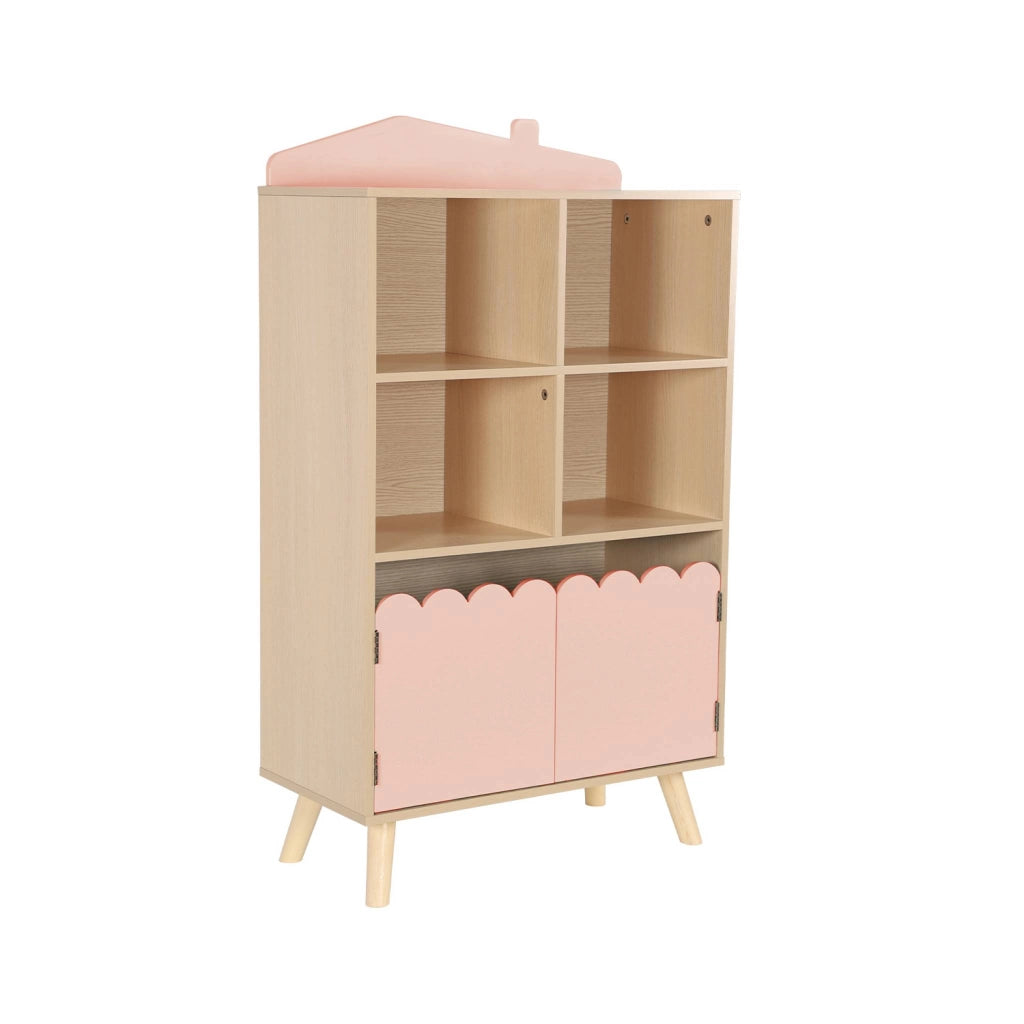 Biblioteca per bambini in legno di pino 2 porte e 4 scaffali, rosa