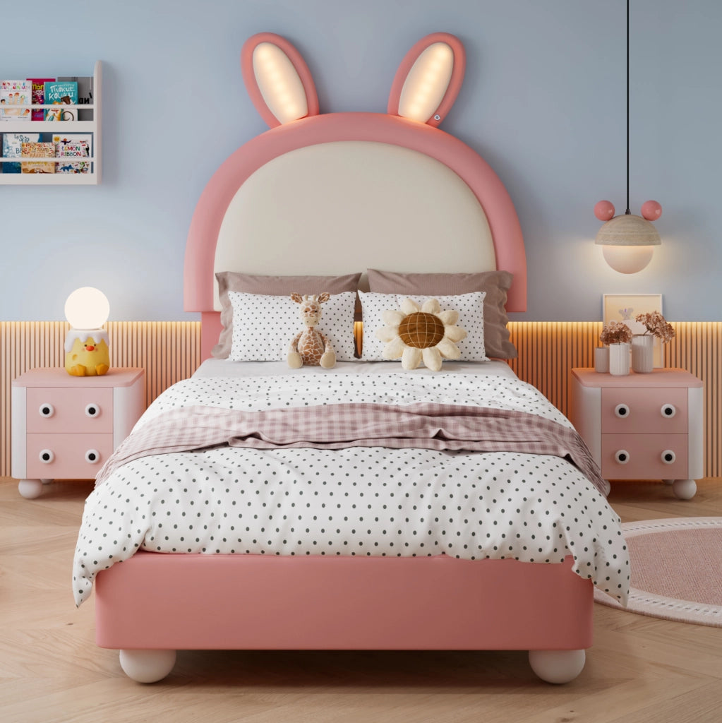 Letto imbottito per bambini con testiera a forma di coniglio e LED
