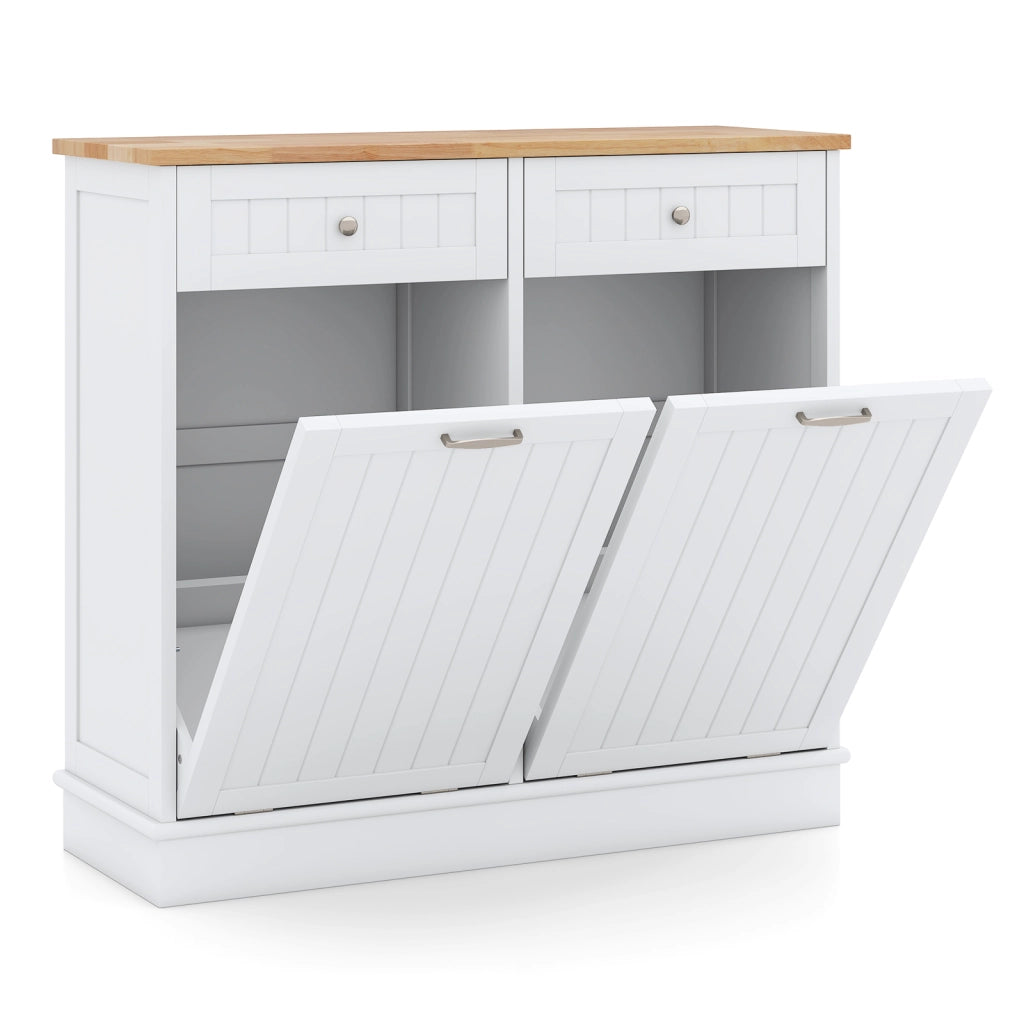 Isola da cucina con cestini ribaltabili doppi per pattumiera piano legno caucciù tagliere 2 cassetti-Mobile contenitore nascosto riciclaggio cucina