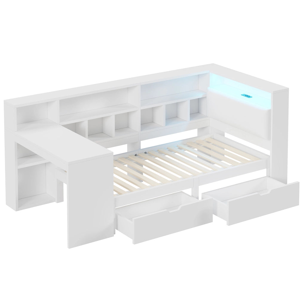 Letto Combinato 90x200 cm; Letto Singolo - Scrivania; Libreria; LED e USB - Bianco