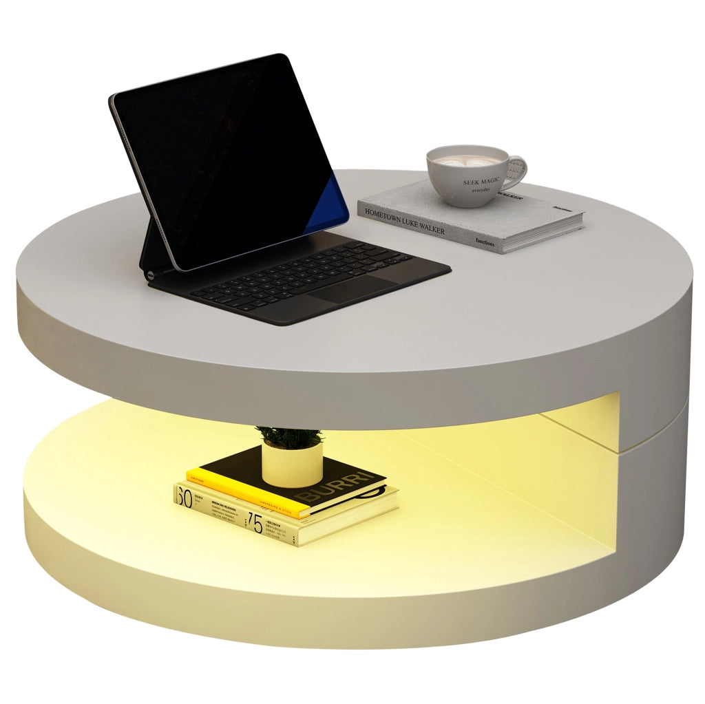 Tavolino da caffè rotondo MDF bianco con LED e piano girevole