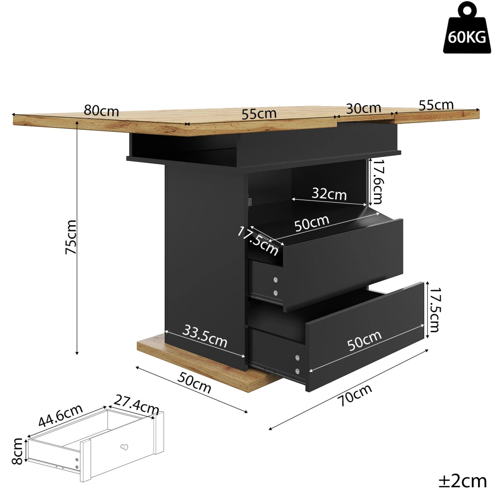 Tavolo da pranzo allungabile 110-140x80x75 cm con vano contenitore; MDF nero e naturale