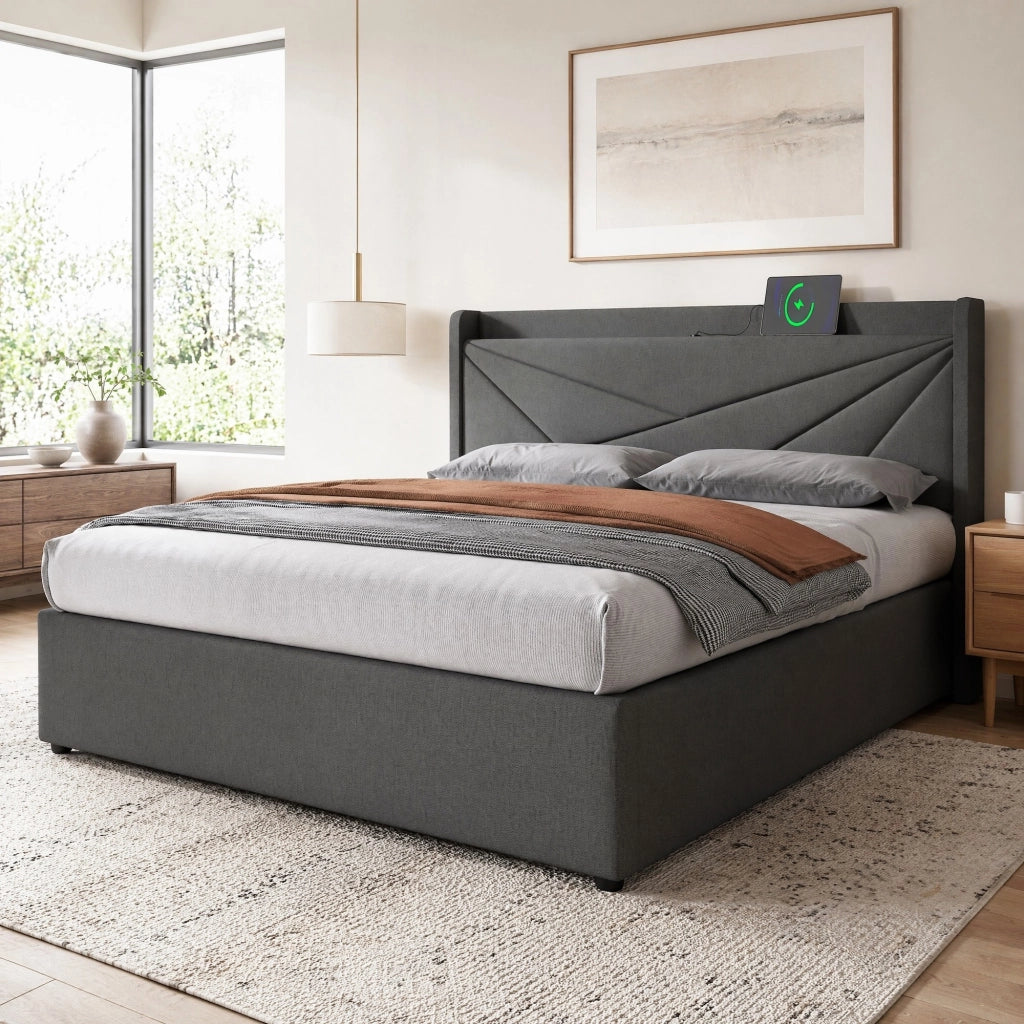Letto matrimoniale contenitore 160x200 con testiera geometrica, USB e Type-C, senza materasso