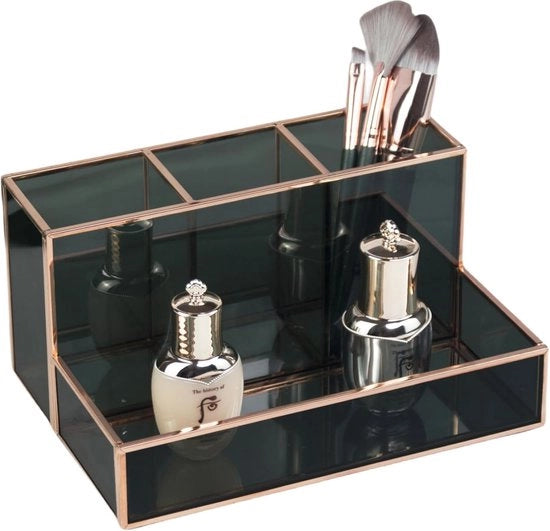Organizzatore di cosmetici con 20 x 14 x 10 cm, contenitore in vetro nero e coperchio trasparente decorativo