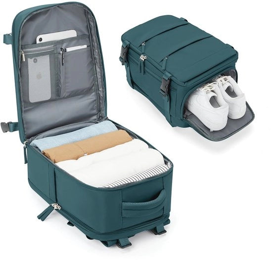 Valigetta da viaggio per aereo 40x20x25 cm, zaino per viaggiatori con tasca per scarpe, 20L, impermeabile, con tasca per laptop fino a 14 pollici, colore blu pavone.