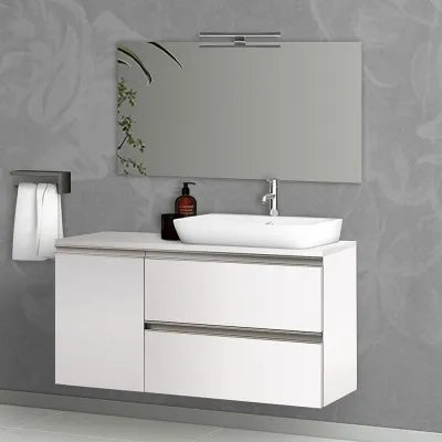 Mobile bagno sospeso 120 cm bianco opaco con due cassetti anta e specchio tondo Master