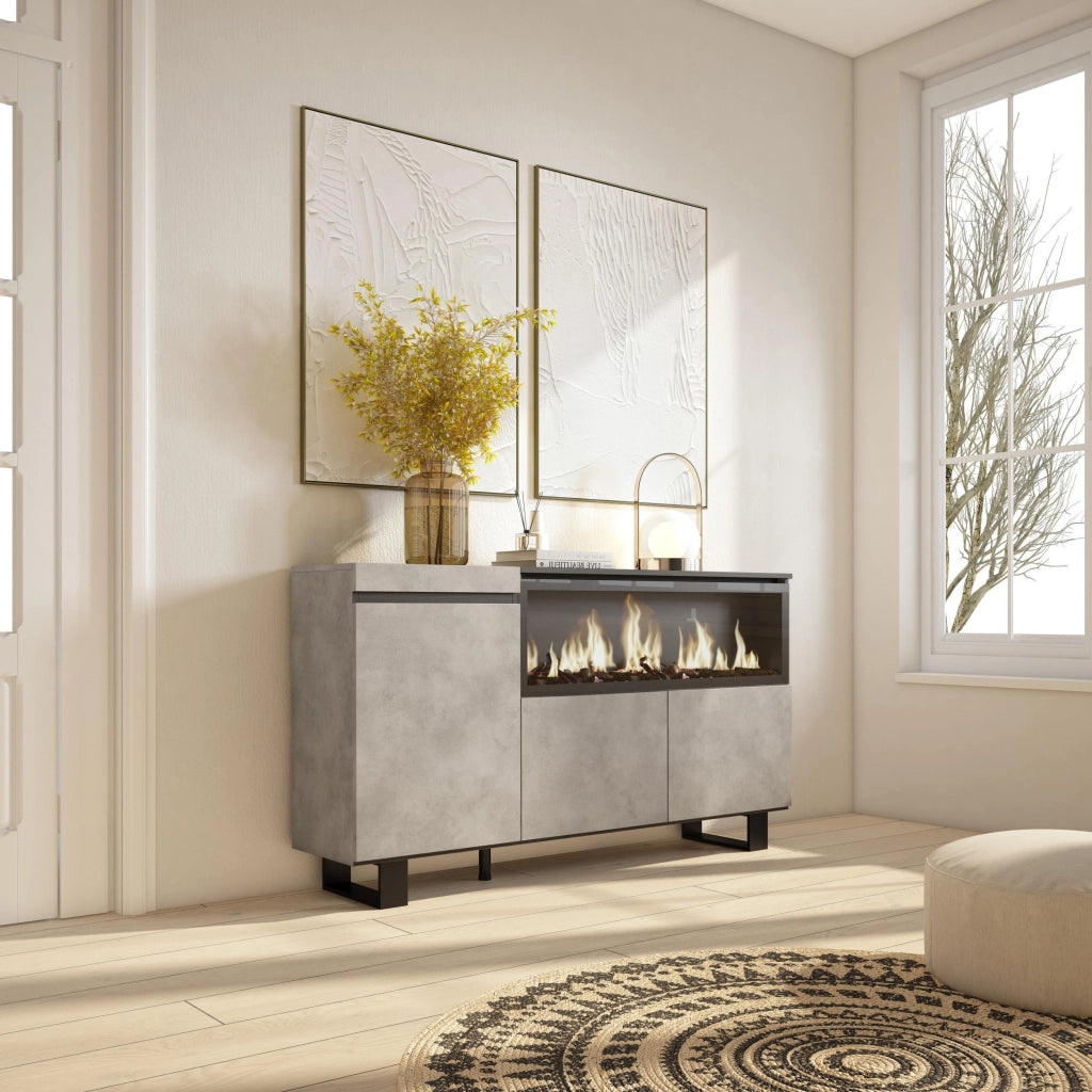 Credenza, Mobile, 158x35x87cm, 3 Porte, Camino elettrico XXL, Design industriale, grigio cemento RF3289