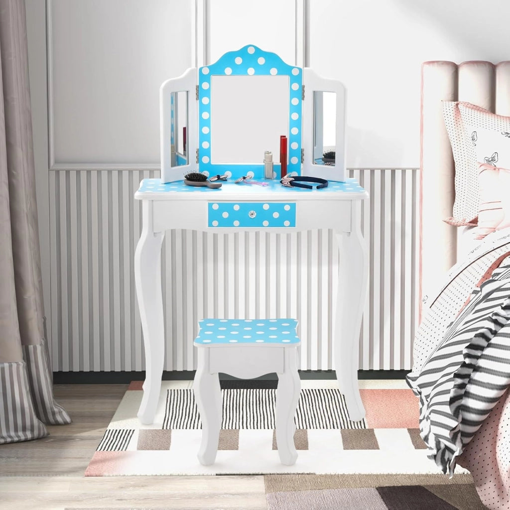 2 in 1 Toeletta Trucco per Bambina 3+ Anni, Specchiera Trucco Bambina in Legno con Sgabelllo e Cassetto, Ideale per Cameretta, 60 x 27,5 x 97,5 cm (Blu + Bianco)
