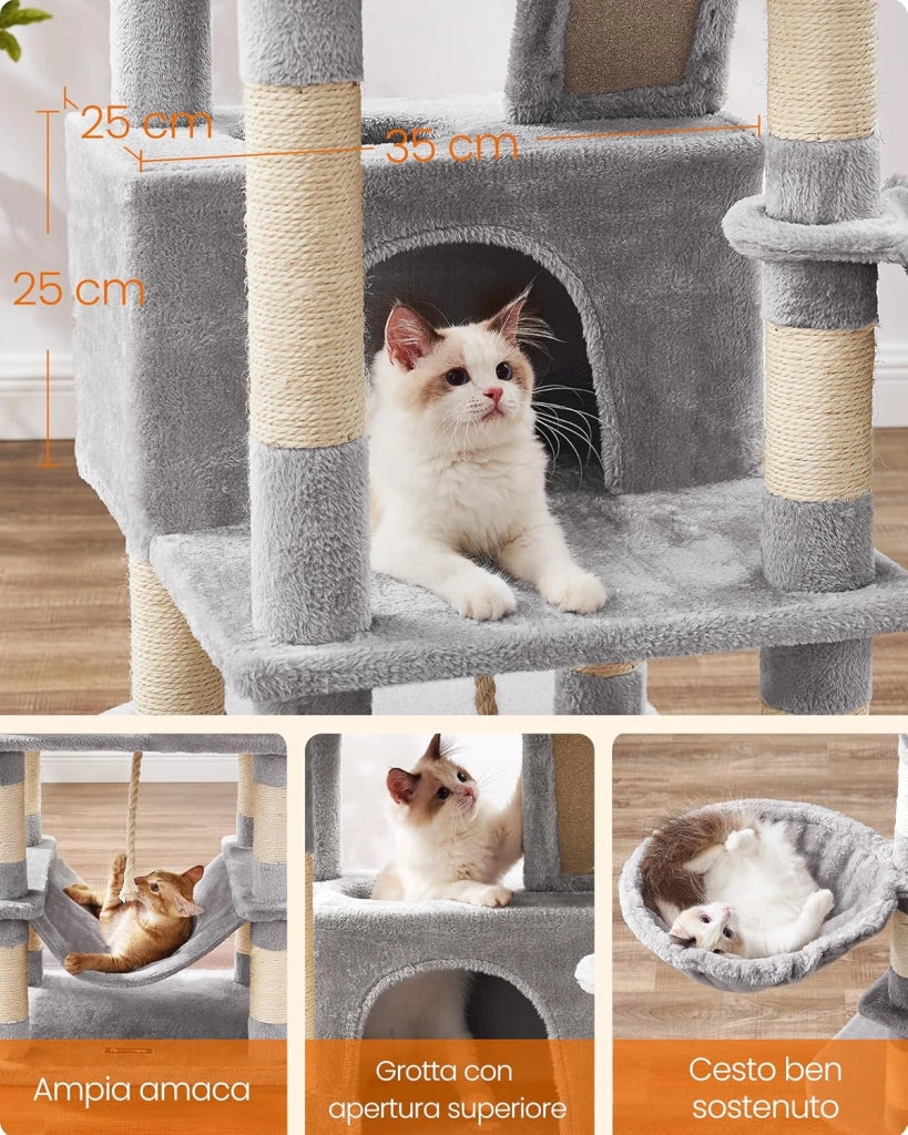 Feandrea Albero per Gatti, Alto 168 cm, Tiragraffi per Gatti con 13 Graffiatoi, 2 Posatoi, 2 Grotte, Cesto, Amaca, Pompon, in Peluche a Più Livelli per Interno, Grigio Chiaro PCT165W01V1