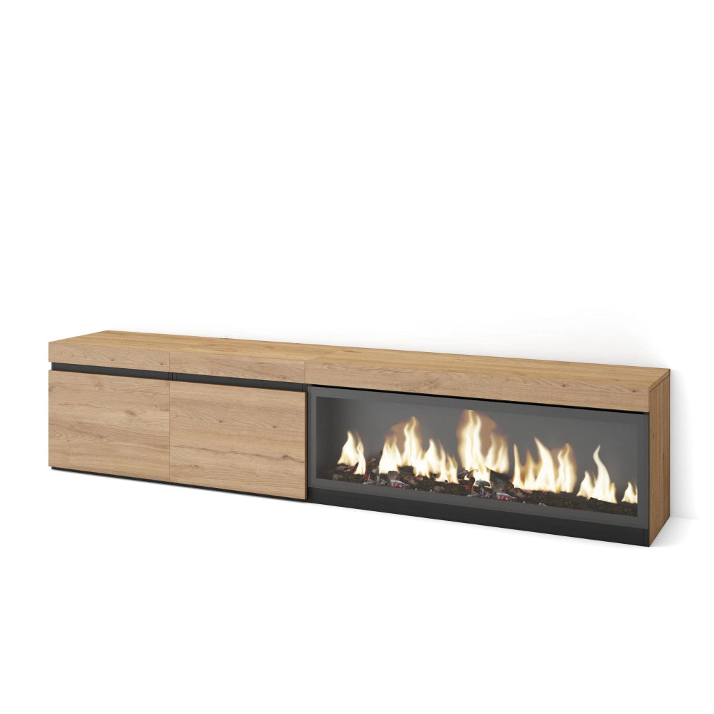 Mobile TV Soggiorno, 208x35x45cm, Per TV fino a 80", Camino elettrico XXL, colore Rovere RF3275