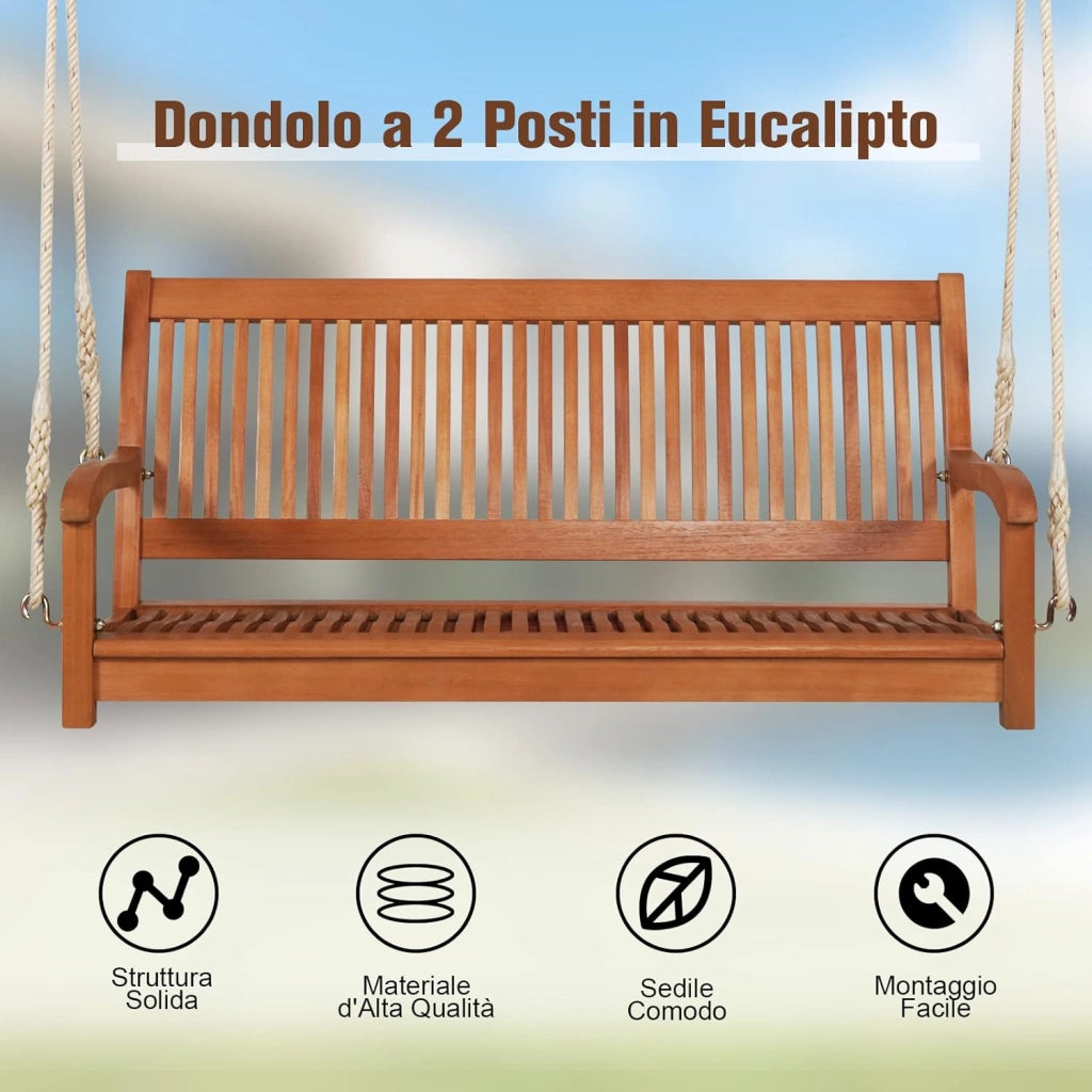 Dondolo Sospeso da Esterno con 2 Posti, Panca Altalena in Legno di Eucalipto con 2 Corde, Carico Massimo 360 kg, Ideale per Portico, Cortile e Balcone, 126 x 62 x 60 cm