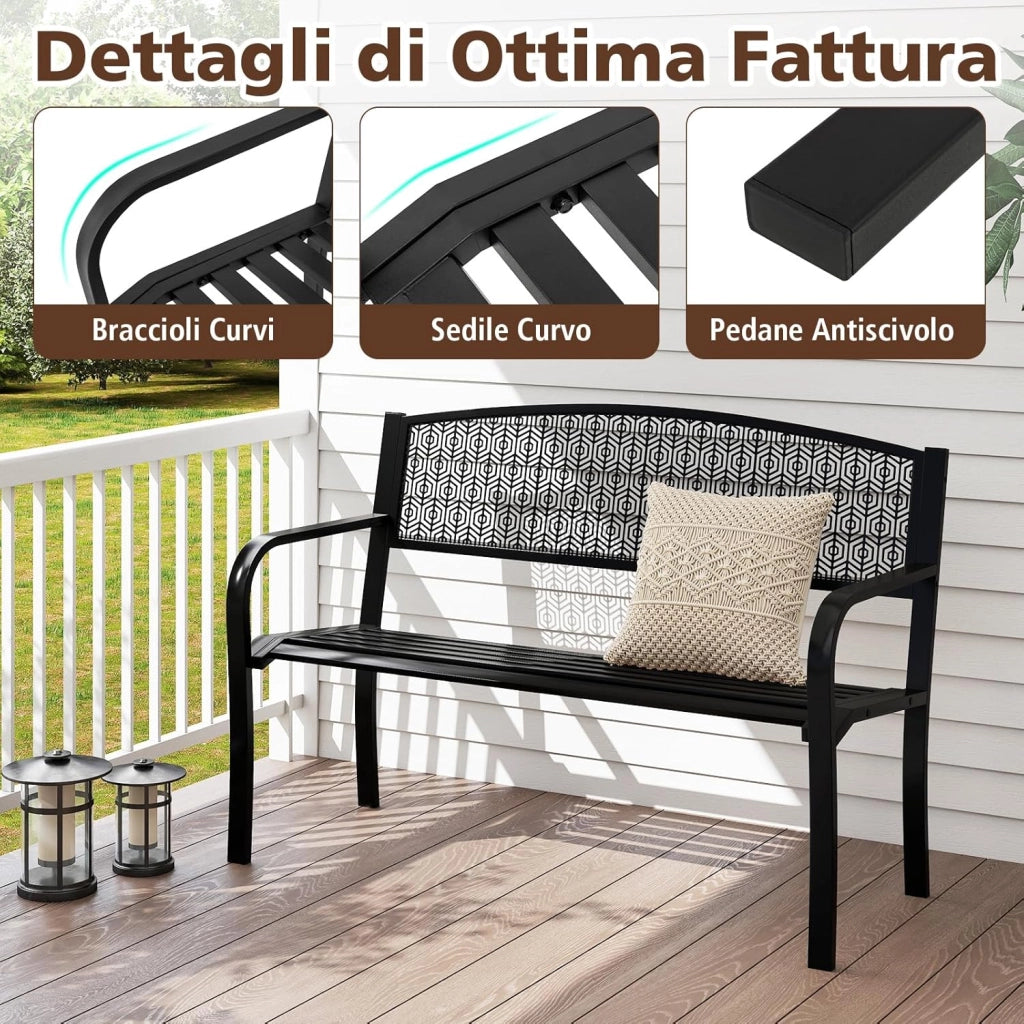 Panca da Esterno 2-3 Posti 128 cm, Panca in Metallo con Braccioli Curvi e Schienale alla Moda, Panchina Moderna in Metallo per Parco, Cortile e Giardino (Nero, 128 x 60 x 86.5 cm)