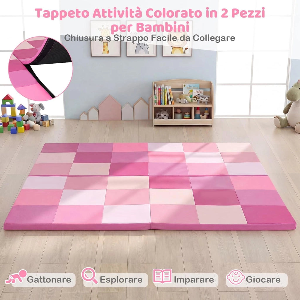 Tappeto Gioco Pieghevole, 144 x 144 cm, Tappetino da Ginnastica con Pelle Impermeabile, Tappeto da Pavimento per Cameretta (Rosa)