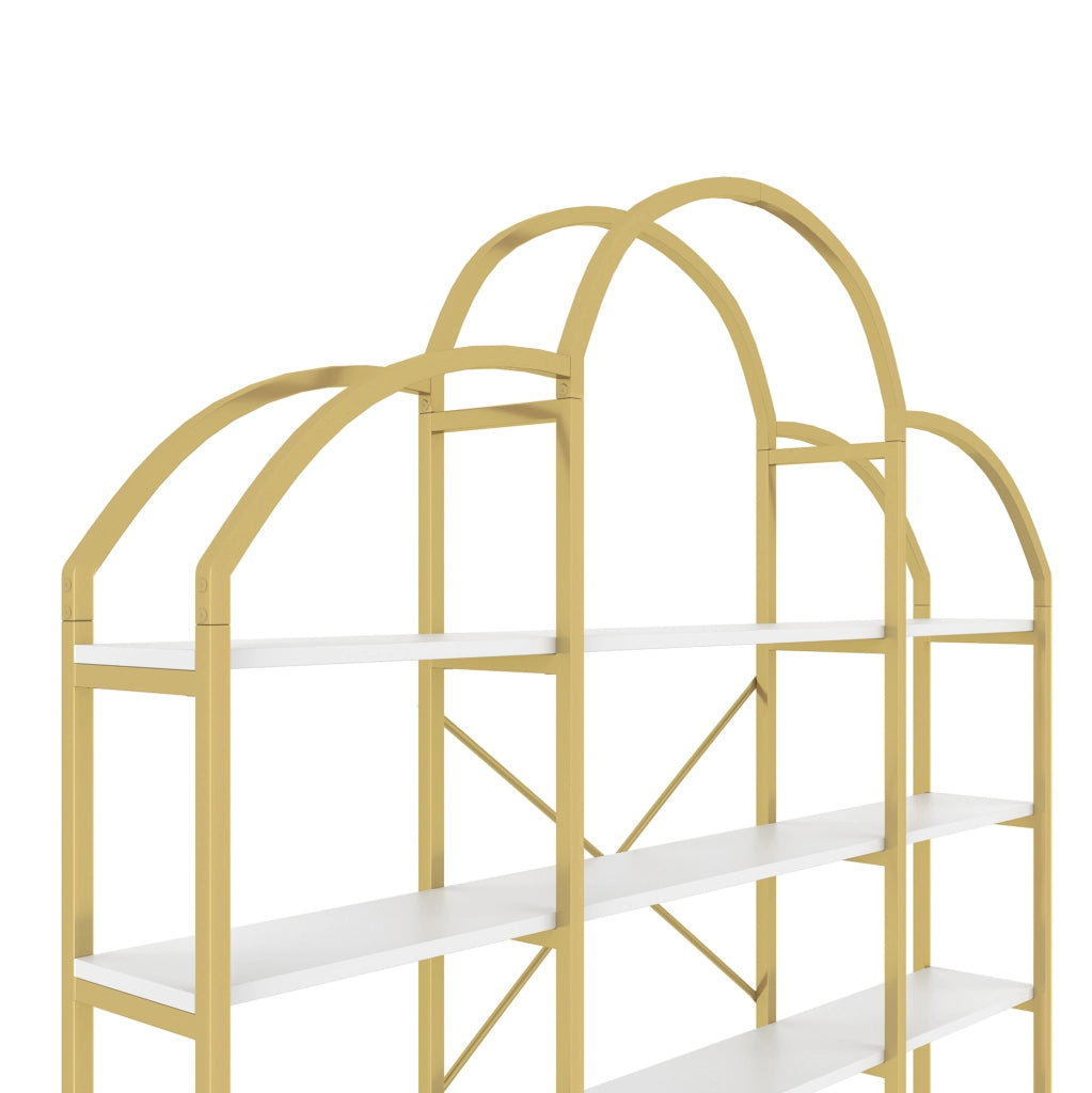 Libreria 170x26x190 cm a 5 ripiani con decorazione a nuvola in metallo e MDF bianco e oro