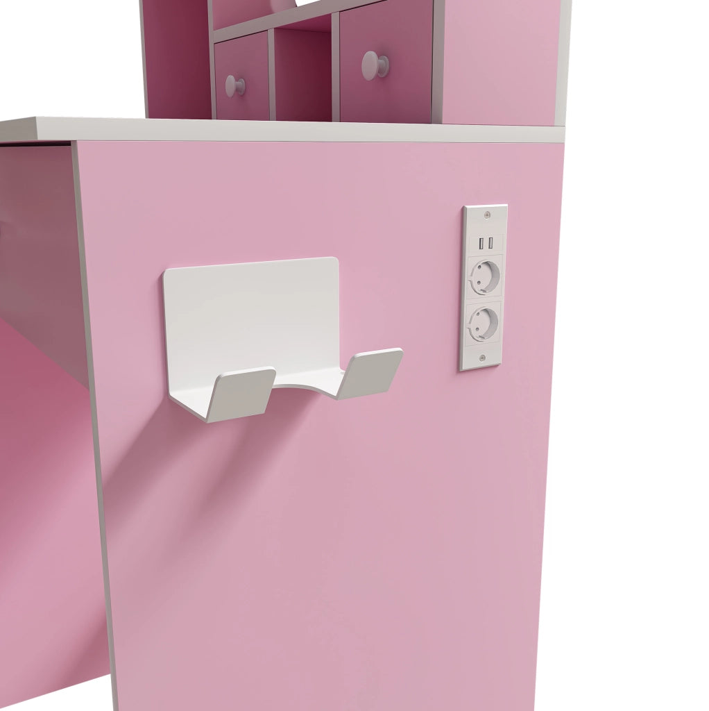 Toeletta con specchio LED, presa, cassetti e sgabello imbottito rosa
