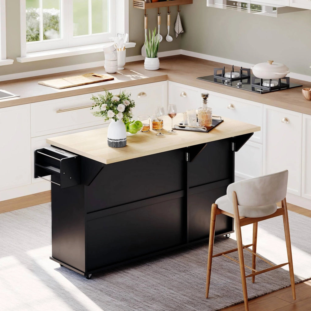 Isola cucina 137x70 cm naturale e nera in MDF, piano pieghevole