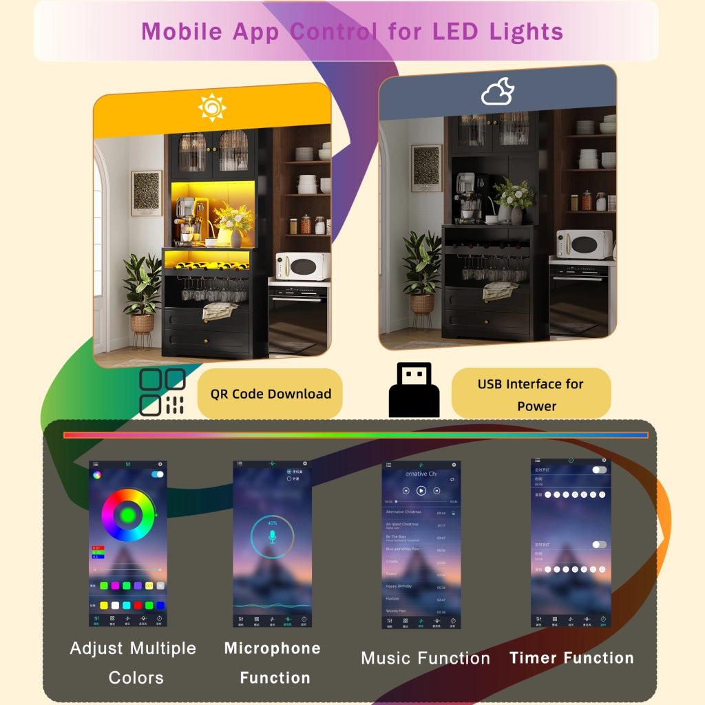 Credenza alta con ante in vetro curve LED con app e musica, ripiani regolabili, portabottiglie, nero 70 × 40 × 180 cm