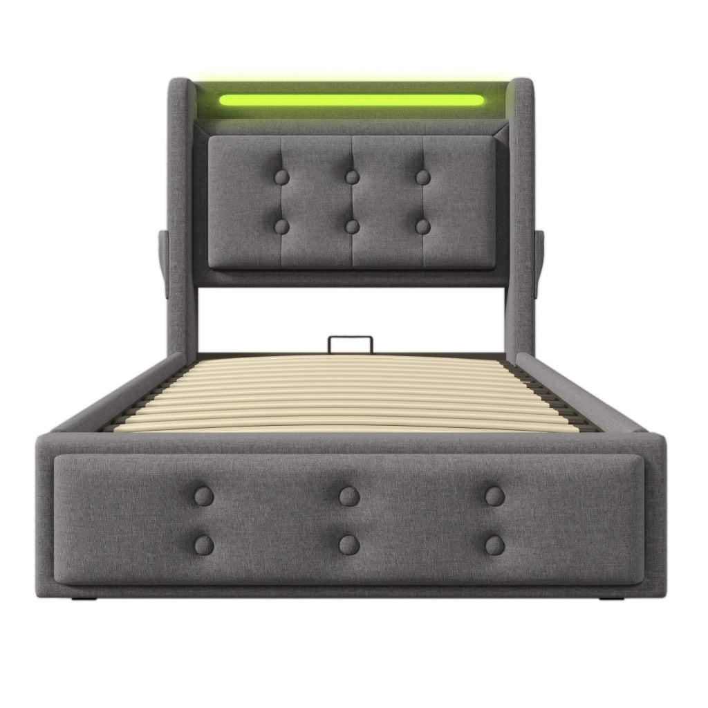 Letto imbottito 90x200 con testiera LED, prese e USB-C, contenitore con rete a doghe, senza materasso