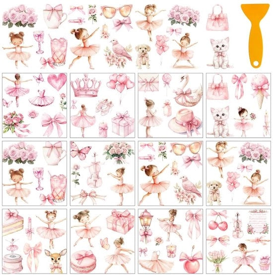 Sticker trasferibili 12 fogli - Sticker rosa ballerina - Decorazione per bambini - Decorazione per finestre - Spazzola inclusa - 5,5 x 5,5 cm