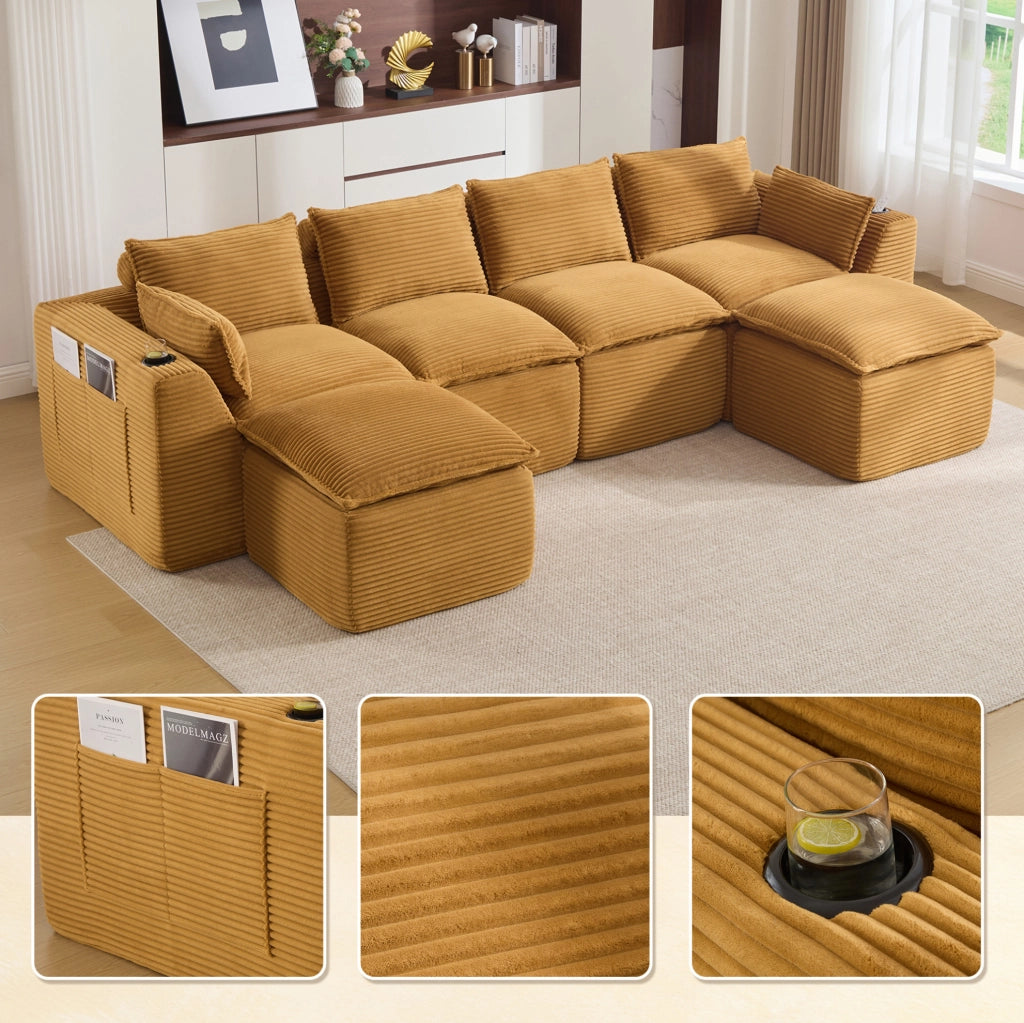 Divano modulare in velluto a coste arancione con tasche laterali; cuscini; 322x161x75 cm