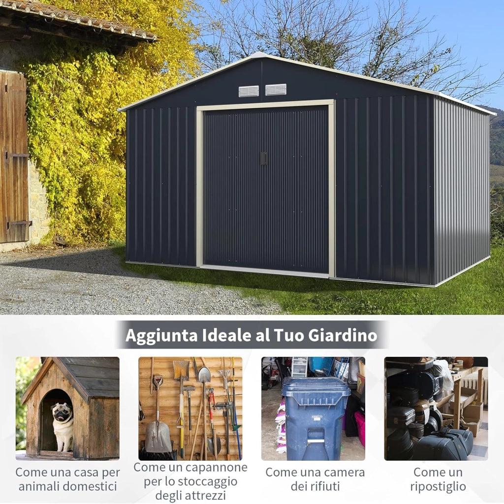 Casetta da Giardino Porta Attrezzi in Lamiera Acciaio Zincato, Capanno da Esterno con Tettoia, Sfilati e Ante Scorrevoli, Ideale per Cortile, Giardino e Fattoria (330 x 245 x 210 cm)