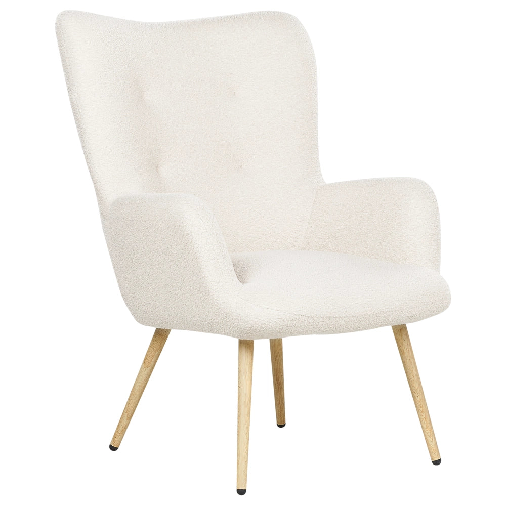 Poltrona rivestita in tessuto beige con motivo floreale con poggiapiedi in stile retrò