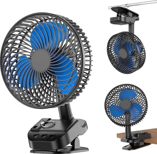 Ventilatore 4 in 1 USB, 8 pollici con clip, ventilatore da tavolo ricaricabile, 5 velocità, rotazione automatica, 3 impostazioni orarie, con clip e gancio per uso domestico e ufficio