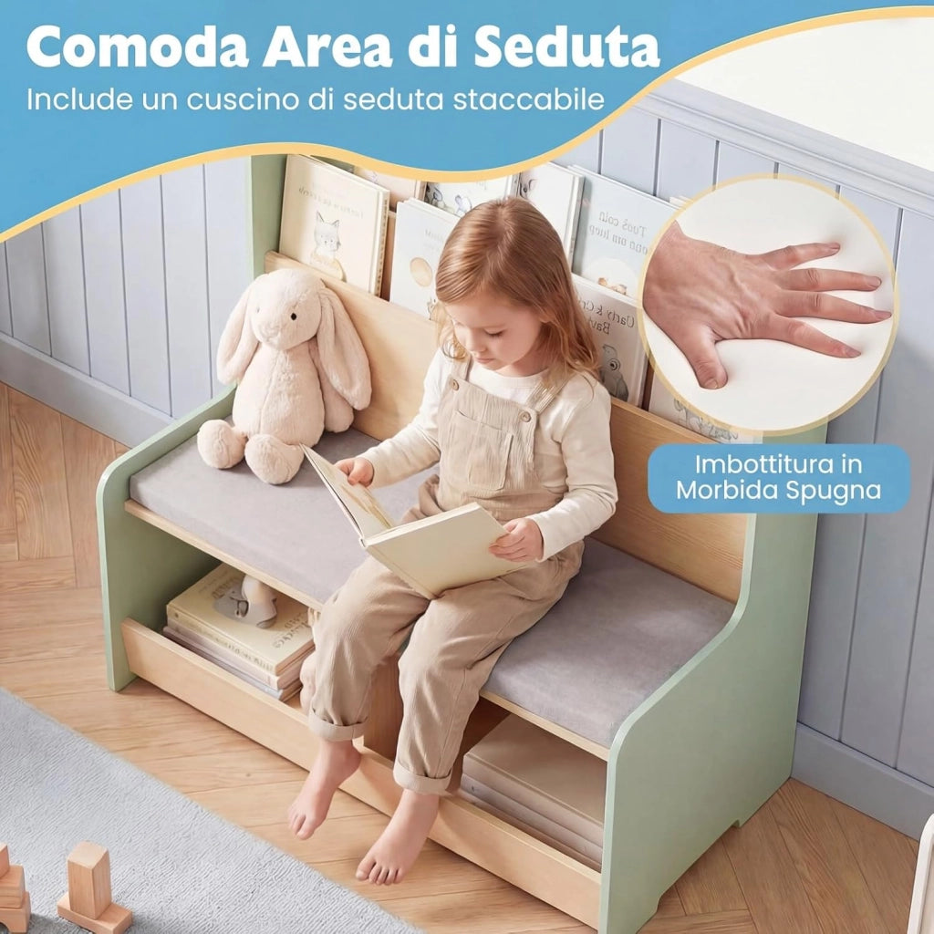 Libreria Montessoriana Salvaspazio per Bambini con Panchina Verde | Porta Libri Bambini con Portariviste a 2 Ripiani, 2 Scomparti Aperti e Cuscino Seduta Rimovibile per Cameretta
