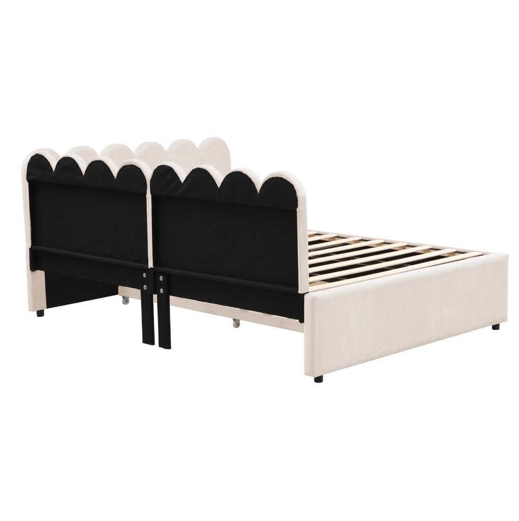 Letto imbottito a L con letto estraibile 140x200 cm in tessuto beige; 205x148x90 cm