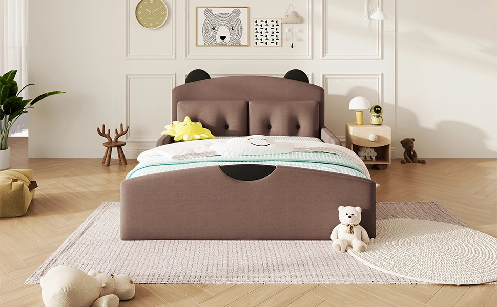 Letto per bambini 140 × 200 cm con testiera imbottita a forma di orso e 2 cuscini, senza materasso, in lino, caffè