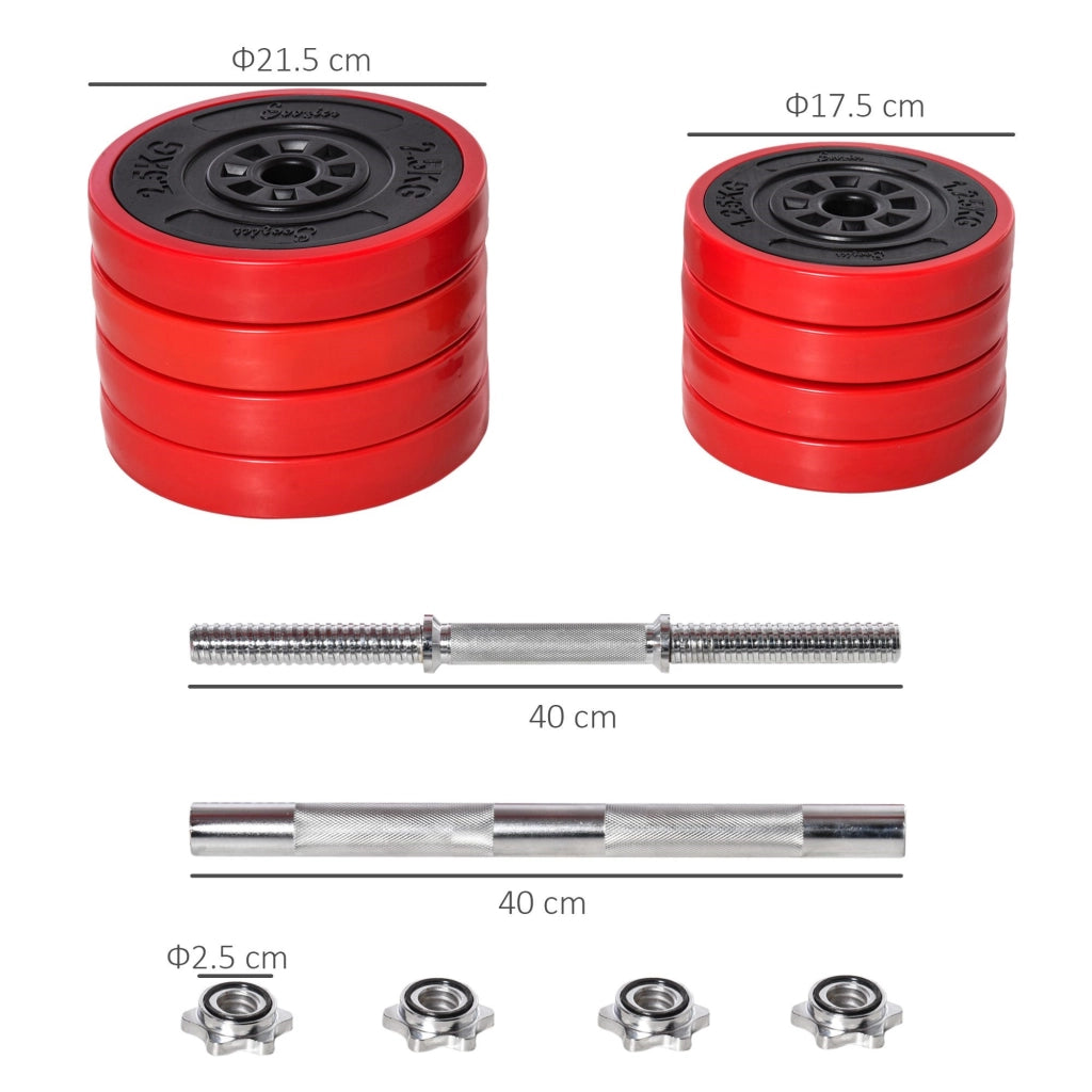 EasyComfort Set 2 in 1 Bilanciere e Manubri Pesi da 20kg, Dischi con Rivestimento in Plastica Antigraffio, Rosso e Nero