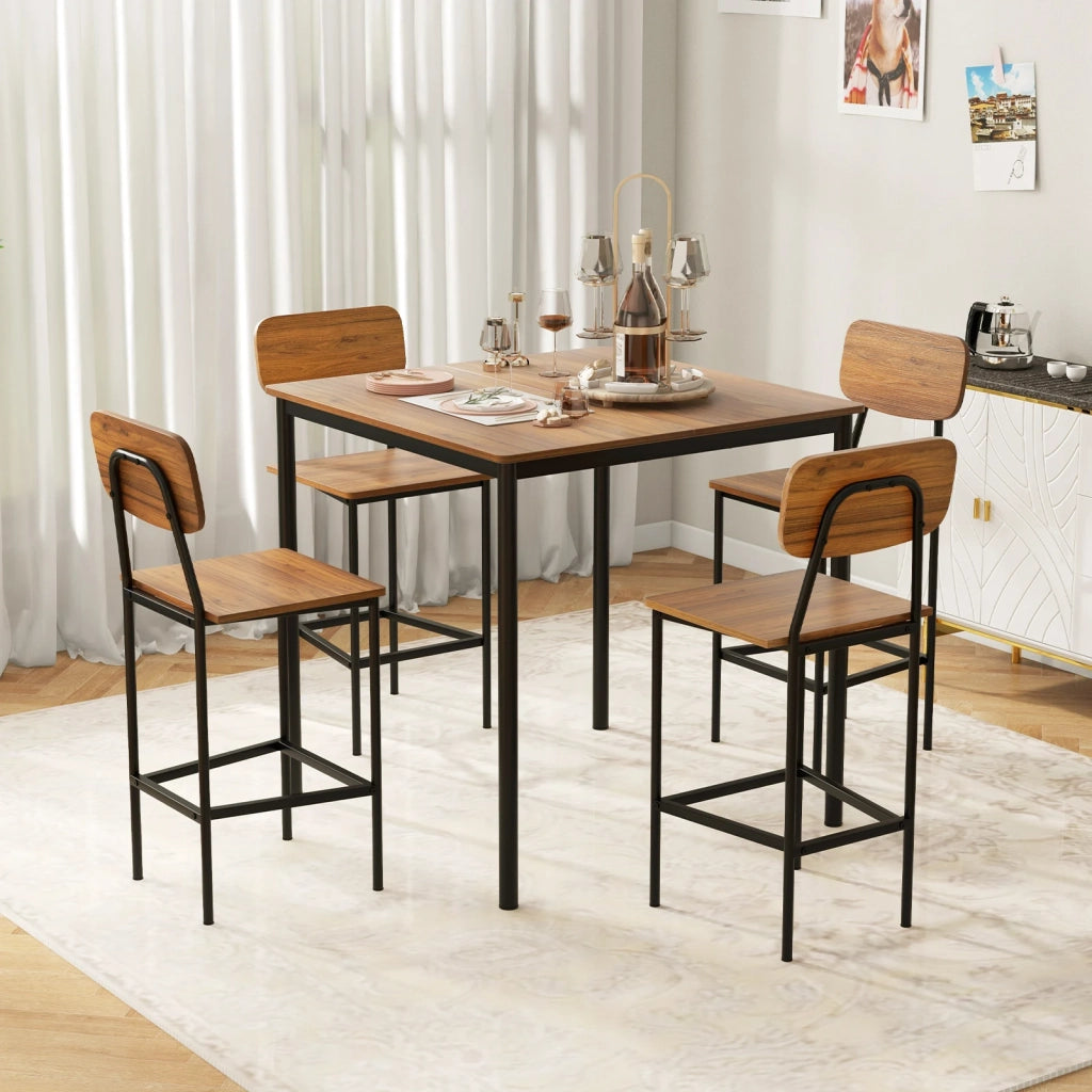 5 Pieces Industrial Dining Table Set with Counter Height Table and 4 Bar Stools-Walnut