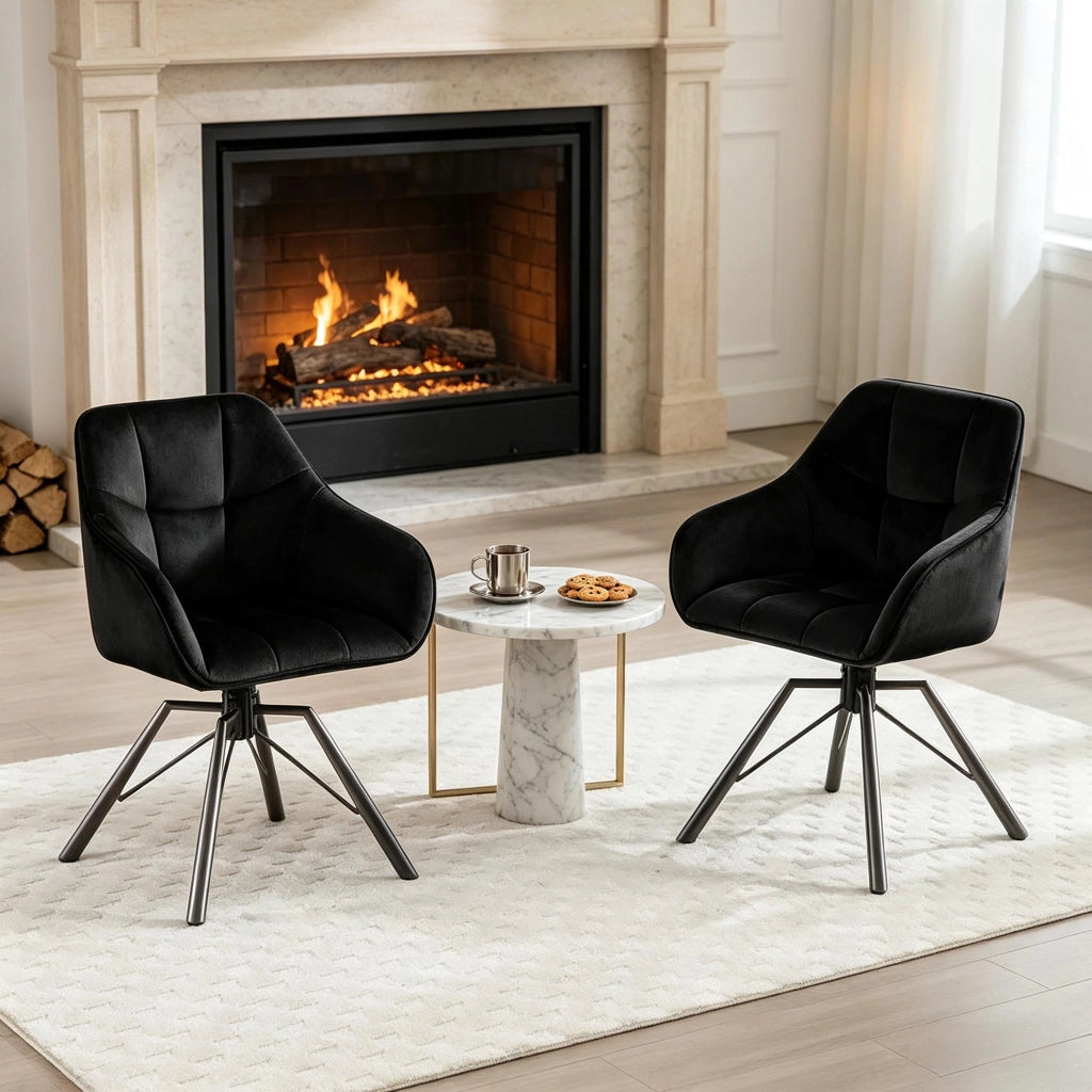 Chaise da pranzo girevole con braccioli e seduta ampia ergonomica in velluto e metallo nero set da 2 pezzi