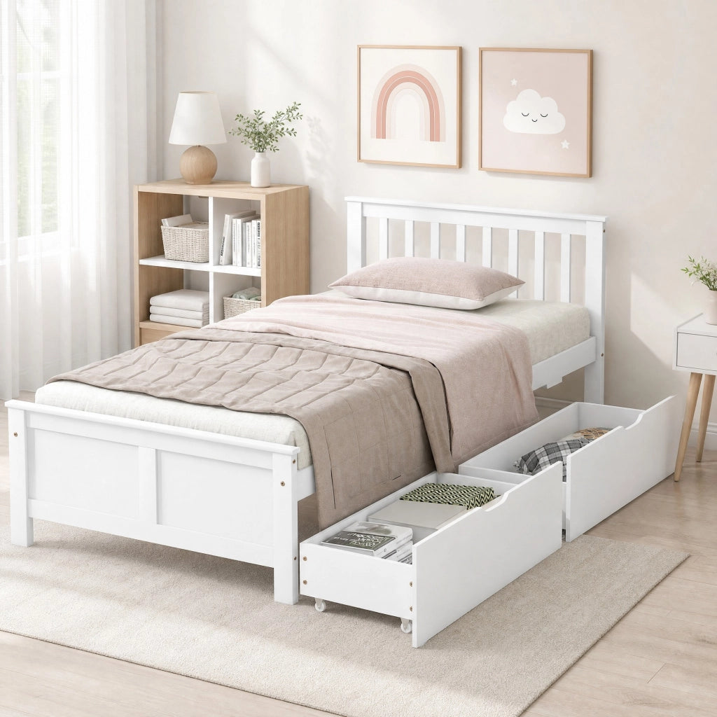Letto singolo bianco con 2 cassetti contenitore, struttura in legno massello