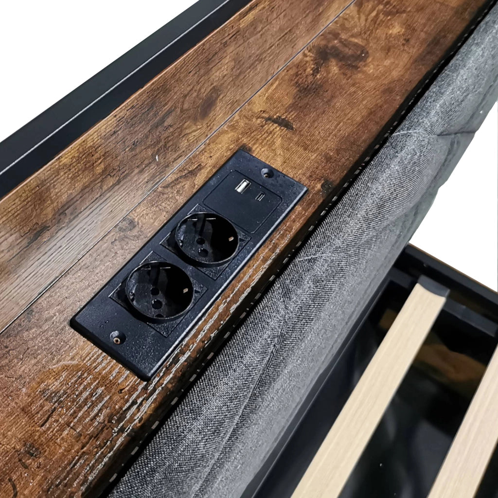 Letto matrimoniale multifunzionale 140x190 cm in metallo nero con baldacchino rimovibile, LED smart, USB/Type-C e contenitore idraulico